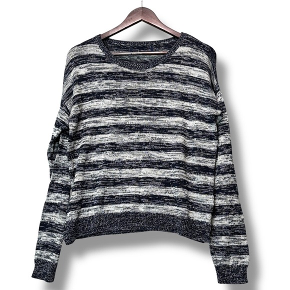 Marled Striped Knit Sweater Pullover Large Grunge Classic Neutral Preppy Cozy - Picture 1 of 5
